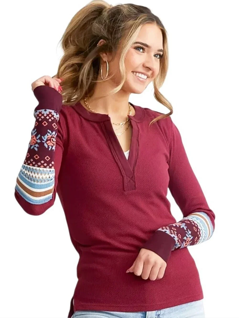 Free People Mikah Notch V Neck Long Sleeve Thermal with Patterned Cuff XS